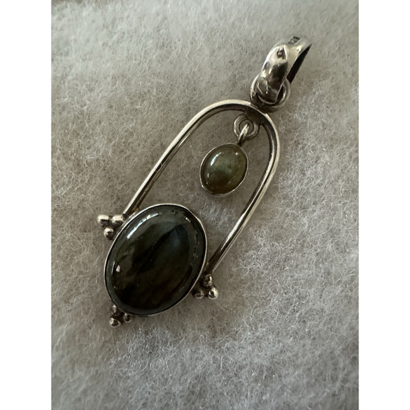 Lg Vtg Sterling Silver 925 2.5” Pendant Labradorite Iridescent Blue Gray Flash - Picture 6 of 10